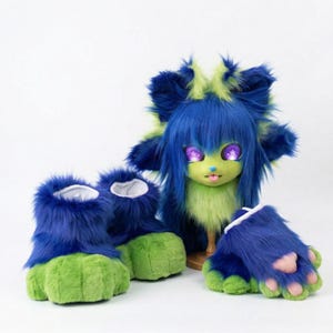 A person wearing a complete toony fursuit set including a breathable anime-style animal mask, squeaky plush hand paws, and puffy anti-slip plantigrade feet paws made of high-quality faux fur.