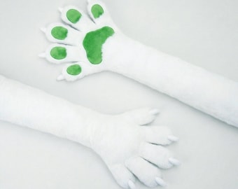 White Slim Fursuit Paws Long Arm Paws, Kemono Feral Fursuit Handpaws, Full Arm Sleeves, High Dexterity White Furry Gloves
