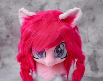 Little Pony cosplay mask, pastel hot pink kawaii furry head. Ultra-lightweight MLP kigurumi for TikTok dancing, anime cafes, and raves.