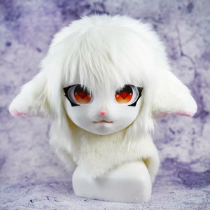 Máscara de oveja blanca Rey Gato Máscara Furry Cosplay Máscara Cabeza, Cabeza de Bestia Cosplay Máscara de animal Regalo de cumpleaños, Cabeza de máscara de traje de piel, Máscara hecha a mano,