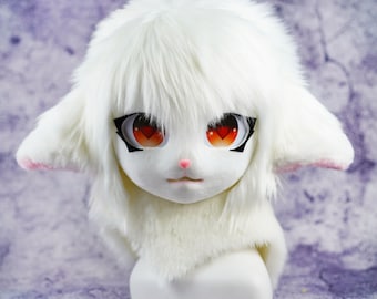 Máscara de oveja blanca Rey Gato Máscara Furry Cosplay Máscara Cabeza, Cabeza de Bestia Cosplay Máscara de animal Regalo de cumpleaños, Cabeza de máscara de traje de piel, Máscara hecha a mano,