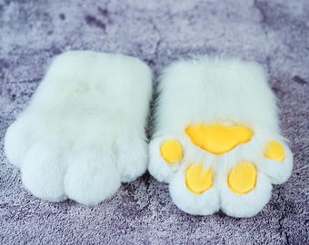 White Furry Paws with Yellow Pads – Handmade Cosplay Costume Accessories, Cute and Fluffy Paws for Furry Events or Cosplay Outfits