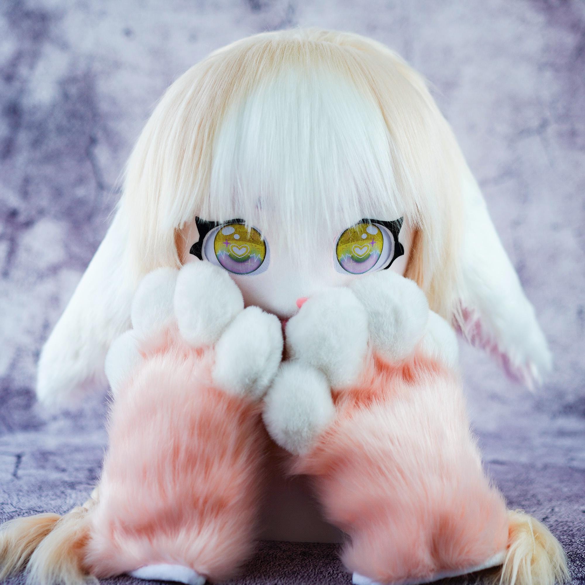 Cute Bunny Kigurumi Head & Paws Set – Cream and Pink Fursuit With