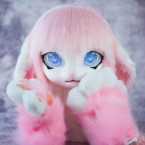 Adorable Pink & White Kigurumi Full-Cover Mask with Hand Paws | Soft Bunny-Inspired Furry Mask Fursuit Head Fursona furry convention