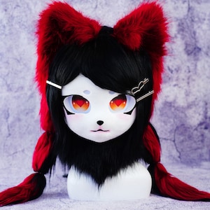 Maschera pelosa color bordeaux, cosplay fatta a mano e adottabile, arte furry in stile kigurumi, costume da therian, regalo per la figlia a sorpresa per Halloween, gioco con animali domestici