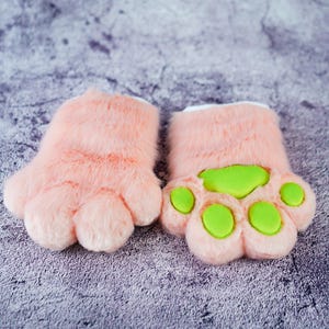 Soft Pink Furry Paws with Green Pads – Handmade Cosplay Costume Accessories, Cute and Fluffy Paws for Furry Events or Cosplay Outfits