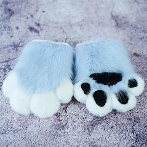 Sky Blue hand Paws gloves for Halloween Birthday Christmas, furry gloves-puppy kitty animal Cosplay paw with Squeak for teenagers daughter