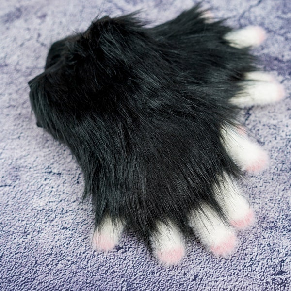 Fur Gloves， Furry Paws Costume ， Animal Paw Glove-5 finger black faux fur  with pink meat pads,handmade paws, Cosplay fursuit  for daughter