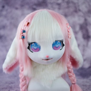 Baby Pink Bunny-Kawaii Pre-made Kig Head Fursuit Mask, Kigurumi Head Mask, Kawaii Furry Costume Gift for kids, Halloween Cosplay bunny mask