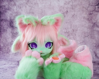 Fursuit masker poten set, fursuit poten set, harige handschoenen en schoenen voor harige cosplay, anime cosplay schattige kig head voor tieners dochter, roze