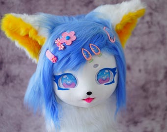 Blue Cat Fursuit Mask - Kawaii Kitty Cosplay Head for Girls, Cute Furry Animal Costume, Anime Convention Ready Character Mask, Halloween