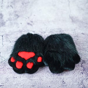 Black&Red Paw gloves for Halloween Birthday Christmas, furry gloves-puppy kitty animal Cosplay paw with Squeak for teenagers daughter