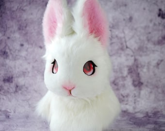 Kaninmask i fuskpäls | Realistiskt pälsdräktshuvud | Pälsklädd fandom-cosplay | Anime-konventionsrekvisita | Anpassad djurkostym