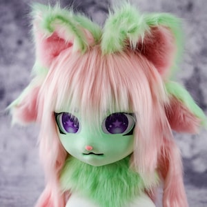 Halloween limited green cat kigurumi mask Furry mask,Anthrocon accessory, Handmade kig fursuit mask ,kigurumi styled furry head