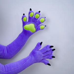 Long Arm Faux Fur Paws Slimming Cosplay Paw Gloves | Violet Green Fantasy | Toony Furry Party | EVA