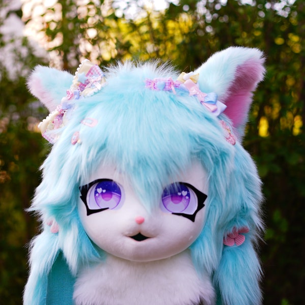 kig fursuit head cat furry Head With lolita clips, Kig Kemono fursuit, Fursuit Mask Head, Fursona Mask, kawaii furry, convention 2023