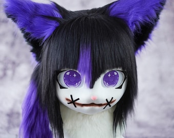 Gothic Purple&Black Cat Kigurumi Full-Cover Mask | Furry Fursuit Head Festival Animal Themed Event | Cosplay Costume Accessory Silence Face
