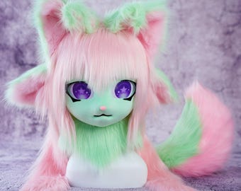 Testa per principianti in Theraine Fursuit / Maschera per animali LARP / Costume traspirante per giochi di ruolo / Cappuccio regolabile per personaggi