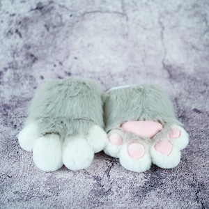 Grey Hand Paws gloves for Halloween Birthday Christmas, furry gloves-puppy kitty animal Cosplay paw with Squeak for teenagers daughter