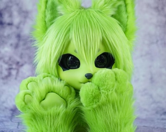 Alien Cat Fursuit Partial Set | Red & Blue Cosplay Head and Handpaws | Breathable Anime Kigurumi Mask for Furry Conventions
