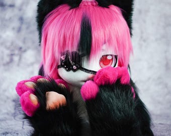 harig masker met piepende handpoten set, gotisch masker warmroze cadeau voor dochter geboortecadeau, huisdier spelen handgemaakte cosplay adopteerbare kigurumi-poten