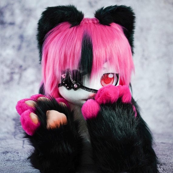 lovely white kigurumi mask with squeaky handpaws set, gift for daughter Christmas gift, pet play Handmade Cosplay adoptable kigurumi paws