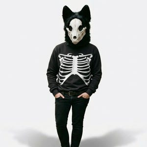 May include: A person wearing a black sweatshirt with a white rib cage design. The person is also wearing black jeans, a black belt, and a black wolf-skull mask with black fur.