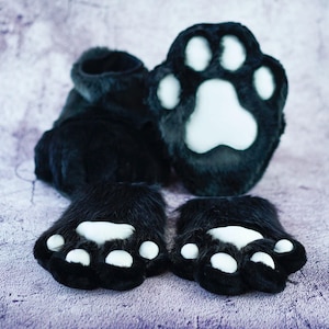 Black Hand Paws and Feet Paws indoor shoes, furry gloves and shoes for Furry Cosplay, hand paws with Squeak for teenagers daughter