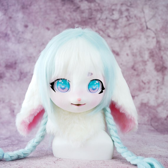 Glacier Blue Cute Lop Bunny Handmade Kig Head Mask, Kigurumi Mask