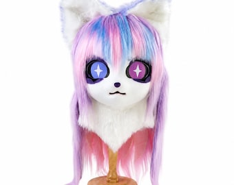 Custom Clown fursuit head, Furry Cosplay Head, Therian mask, Convention Gear, Pastel Kawaii Cosplay, Pastel cat Faux fur mask, Gift for her