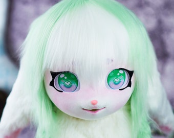 Cabeza de kigurumi de conejito verde menta - Conejito kawaii, máscara de traje de piel, regalo de disfraz peludo para niños, máscara de conejito de cosplay de Halloween, cabeza de máscara fursona Kig
