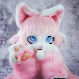 Adorable Pink and White Kigurumi Full-Cover Mask with Matching Hand Paws | Cute Cat Furry Convention Fursona Cosplay Costume