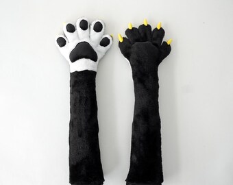 Long Arm Faux Fur Paws, Slimming Paws & Cosplay Paw Gloves | Black White Wolf Hands | High Dexterity Convention Gear
