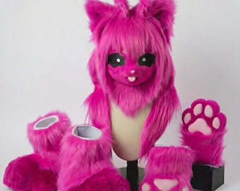 Tête de kigurumi, déguisement de Kigurumi Toony rose rose, ensemble partiel de fursuit de chat Allen, yeux et pattes en filet à haute ventilation