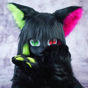 Kigurumi Cat Mask Black hair furry mask head with paws set, cosplay Animal mask Birthday gift, ktsune fursuit mask, furry gift for daughter