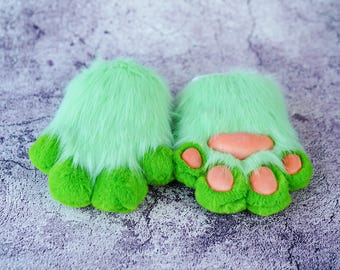 Guantes de mano con forma de pata de mezcla verde para Halloween, cumpleaños, Navidad, guantes peludos, animales de gatito cachorro, pata de cosplay con chirrido para adolescentes e hijas