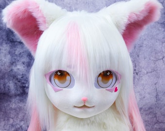 kig fursuit head cat furry Head With White hair , Kig Kemono fursuit, Fursuit Mask Head, Fursona Mask, kawaii furry, convention 2023