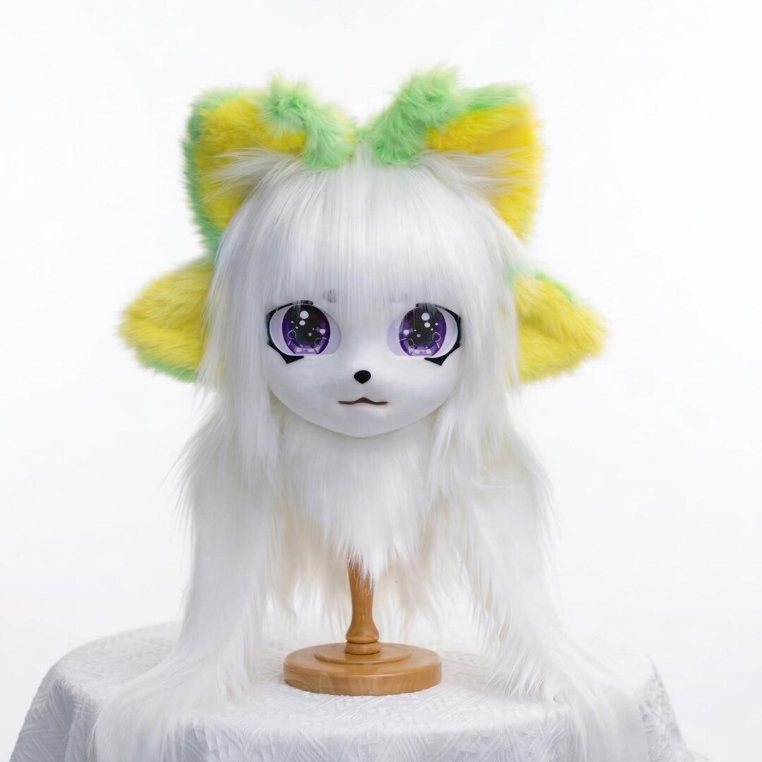 Alien Cat Fursuit Mask White Lime | Anime Kigurumi Faux Fur Head ...