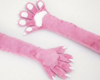 Fursuit Paws Slimming Gloves, Cute Kemono Long Sleeve Paws with Claws, Kigurumi Pink Furry Handpaws, Anime Arm-Length Paws