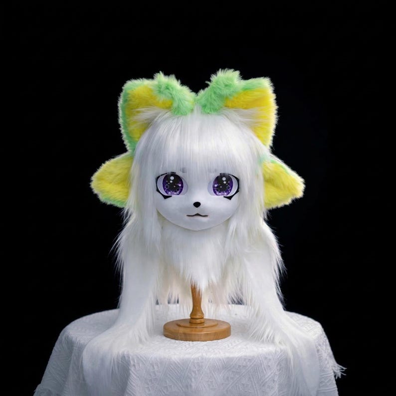 Alien Cat Fursuit Mask White Lime | Anime Kigurumi Faux Fur Head ...