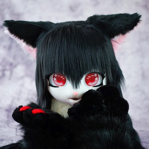 Black&Red kigurumi fursuit head mask with handpaws set furry mask and squeak paws Themed party Birthday gift for kids and adult