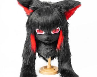 Edgy Black Cat Fursuit Head | Red Highlight Wig Anime Mask | Big Head Friendly Kigurumi Cosplay