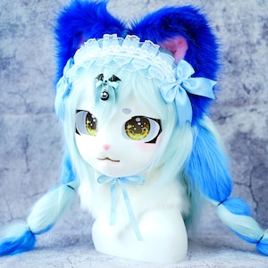 Blue kig head,handmade Cat Mask,Furry Cosplay Mask Head ,Tracking eyes, Birthday gift,Fursuit mask head,Handmade mask,Y2K,furry gift