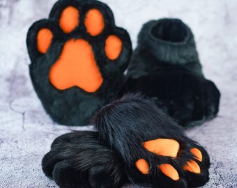 Black Hand Paws and Feet Paws with Orange pad indoor shoes, furry gloves and shoes for Furry Cosplay, hand paws with Squeak for kids child