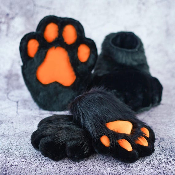 Black Hand Paws and Feet Paws with Orange pad indoor shoes, furry gloves and shoes for Furry Cosplay, hand paws with Squeak for kids child