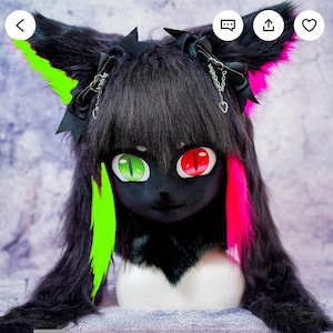 kig Cat Mask Black hair furry mask Beast head cosplay Animal mask Birthday gift， ktsune fursuit mask, furry gift for daughter