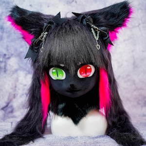 Fursuit Head,Cosplay mask,kig Cat Mask Black hair furry mask Beast head cosplay Animal mask Birthday gift,Furry Costume.