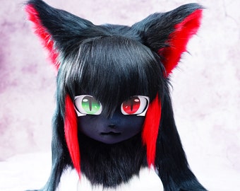 Vampires of the blood moon  kigunumi Fursuit mask Head Cosplay kig Cat Mask Black hair furry Beast head cosplay Halloween&Birthday gift