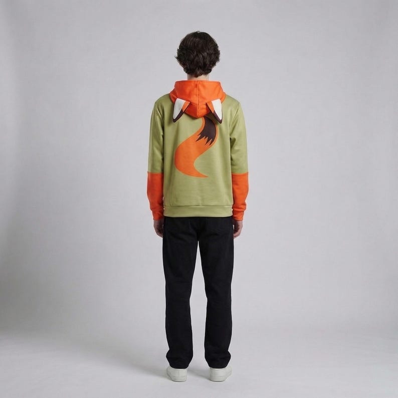 Pu&ograve; includere: Una felpa con cappuccio verde con dettagli arancioni e un design a volpe. Il cappuccio &egrave; arancione con dettagli di orecchie di volpe bianche e marroni. La parte posteriore della felpa presenta un grande design a coda di volpe arancione. Le maniche hanno polsini arancioni.