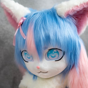 Blue Cat Mask, Mask King Cat Mask Furry Cosplay Mask Head with Blue Hair Beast Head Cosplay Animal mask Birthday gift Fursuit mask head